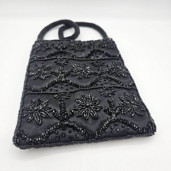 Handmade Black Beaded Embroidered Evening Bag With Snap Closure & Braided Strap - Picture 9 of 10